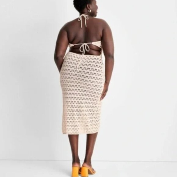 FUTURE COLLECTIVE Halter Tie Neck Open Knit Crochet Midi Dress - Picture 2 of 12
